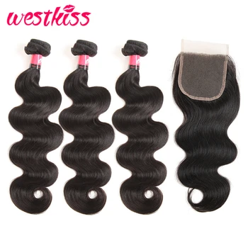 

WEST KISS Hair Malaysian Body Wave Bundles With Closure 100% Human Hair 3 Bundles With Lace Closure Natural Black Remy Hair Weft