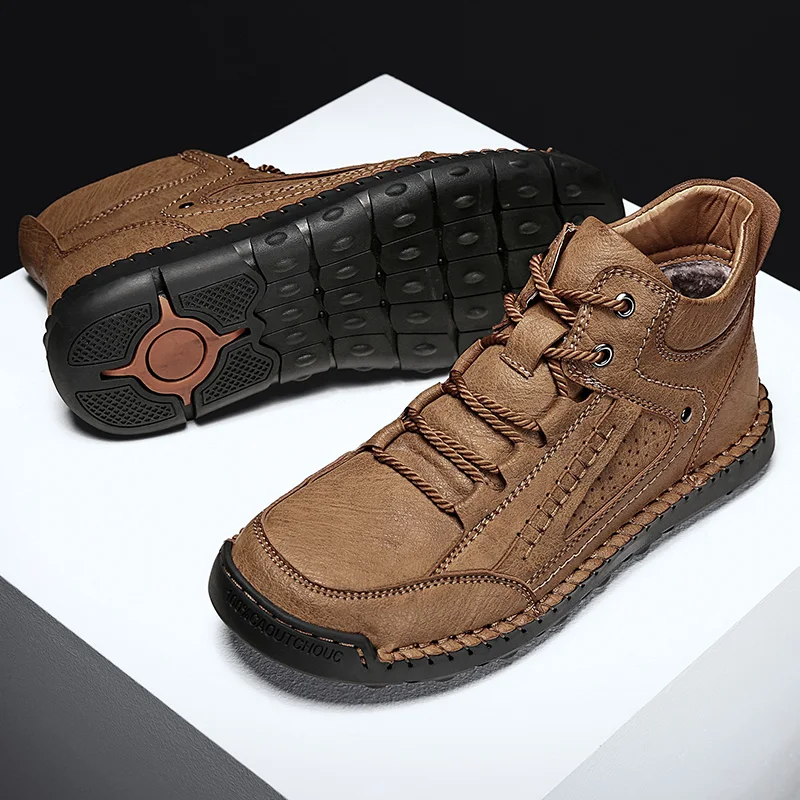 Nine oclock Stylish Mens Leather Boots Casual Outdoor Street Hightop Male Shoes Vintage Winter Warm Footwear Large Size 3848