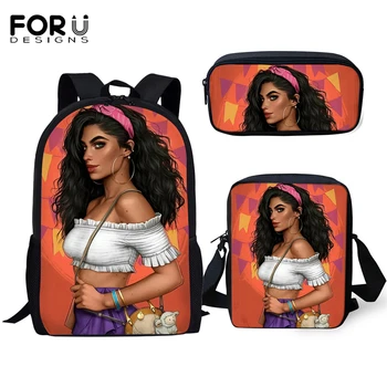 

FORUDESIGNS 3PCs/Set Fashion Primary Students Backpack Kawaii African Girl Pattern Kids School Bags Afro Art Women's Travel Bags