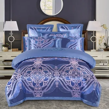 

KELUO Luxury Wedding jacquard mulberry silk bedding 100%cotton Embroideredincluding duvet cover bed sheet pillowcase Blue A07