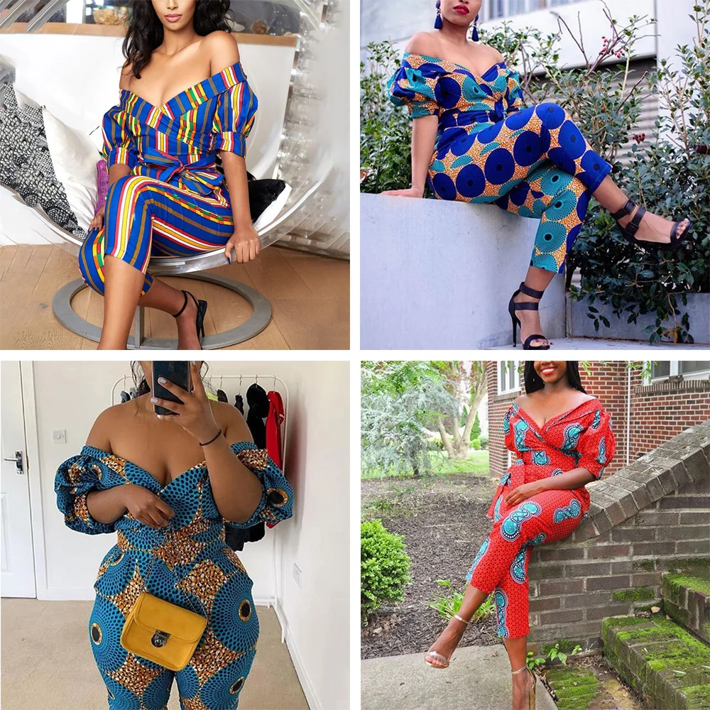 

Fadzeco African Clothes For Women Fashion Sexy Tribal Print Jumpsuit Lantern sleeves Off-shoulder Rompers African Clothing