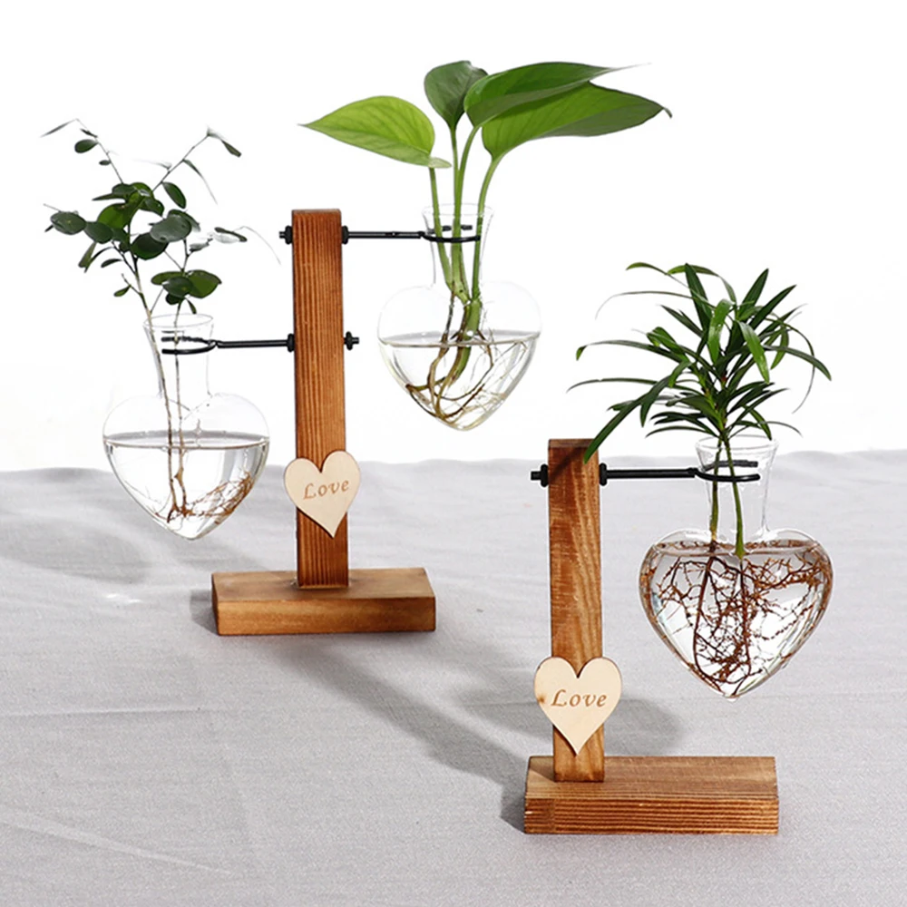

Heart Design Glass Test Tube Vase Flower Pots Plant Hydroponic Bonsai Pot with Wooden Tray for Home Garden Decoration