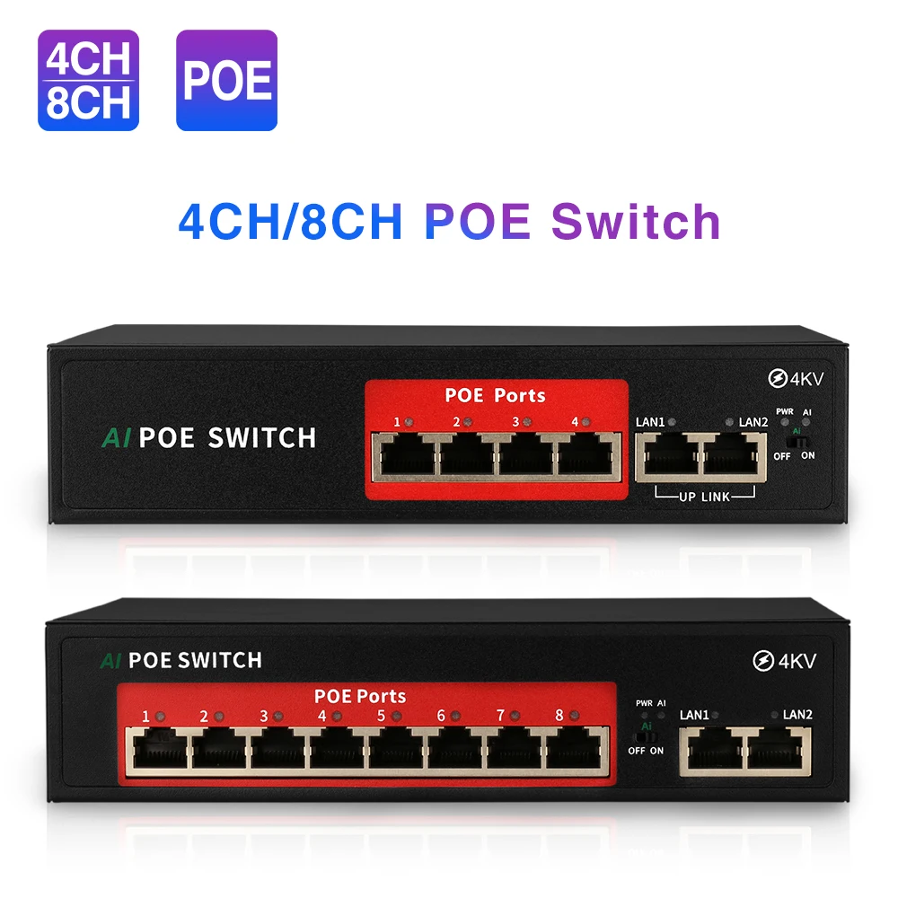 Techage 48V 4CH 8CH conmutador POE de red 10/100Mbps IEEE 802,3 af/a sobre Ethernet IP AP inalámbrico sistema de cámaras de CCTV