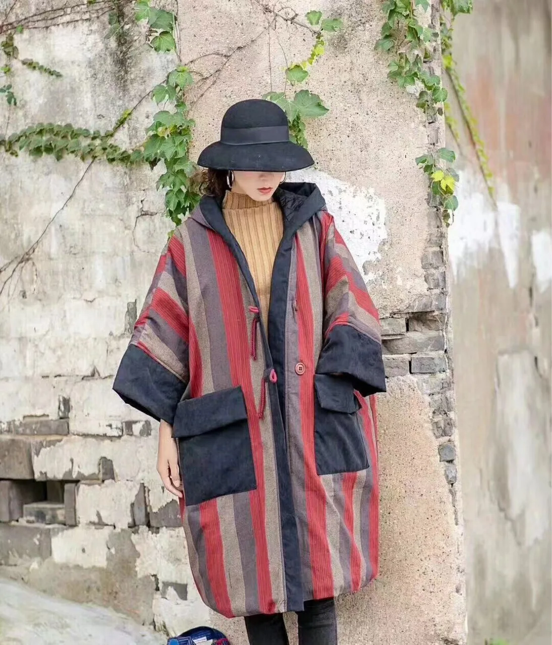 

New Fall And Winter Clothes New Style Loose And Plus-sized Literature And Art Casual Vertical Stripe Padded Double Pocket Cotton