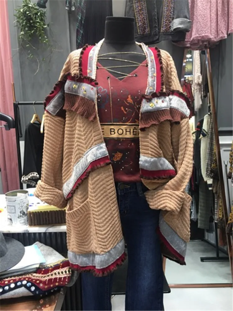 

Fall Sweater Wear Lotus Leaf Edge Stitching Long Sleeve Knitted Cardigan Sweater Shawl Cardigans Women Sweaters 2019