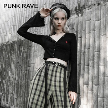 

PUNK RAVE Girl 's Button-up Rose Embroidered Flare Sleeved Cardigans Black Sexy Women Thin Sweaters
