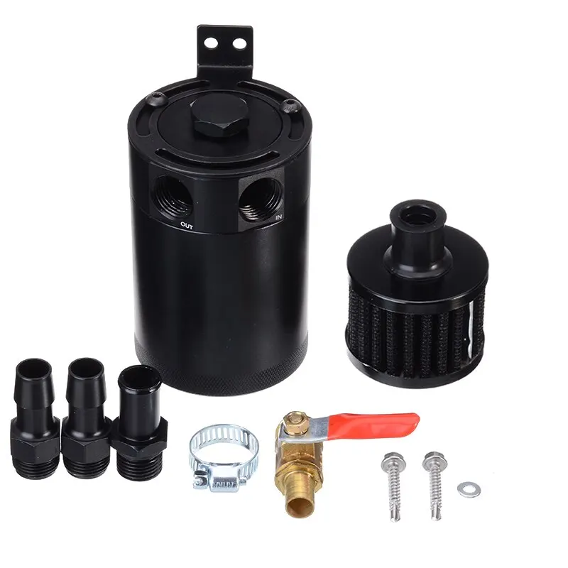 Mayitr 1set Aluminum 2-port Oil Catch Can Reservoir / Tank Universal Black With PCV/CCV Air Filter