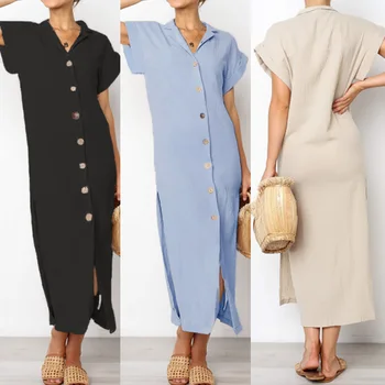 

Elegant Shirt Dress Women's Sundress ZANZEA 2020 Summer Short Sleeve Maxi Vestidos Female V Neck Button Long Robe Femme Oversize