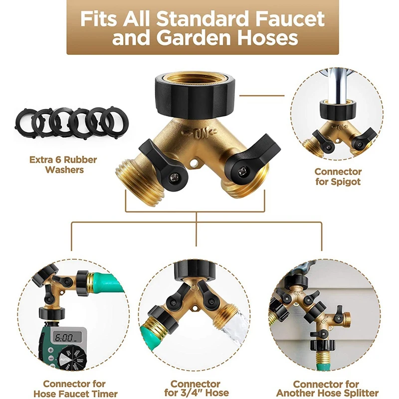 FashionBrass Garden Hose Quick Connect Fittings(2 Male 2 Female)+Brass Hose Y Splitter(2 Way)+5 Extra Washers 3/4 inch