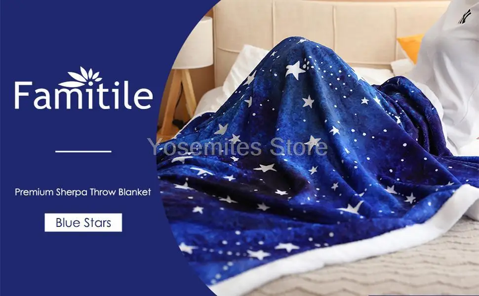 Famitile: Premium Sherpa Throw Blanket Navy Blue Stars