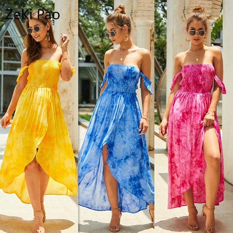 

Summer Fashion Women's Sexy Off-Shoulder Print Midi Dress Solid Color Tube Top Ruffle Beach Vacation Dress Vestidos Split Dress