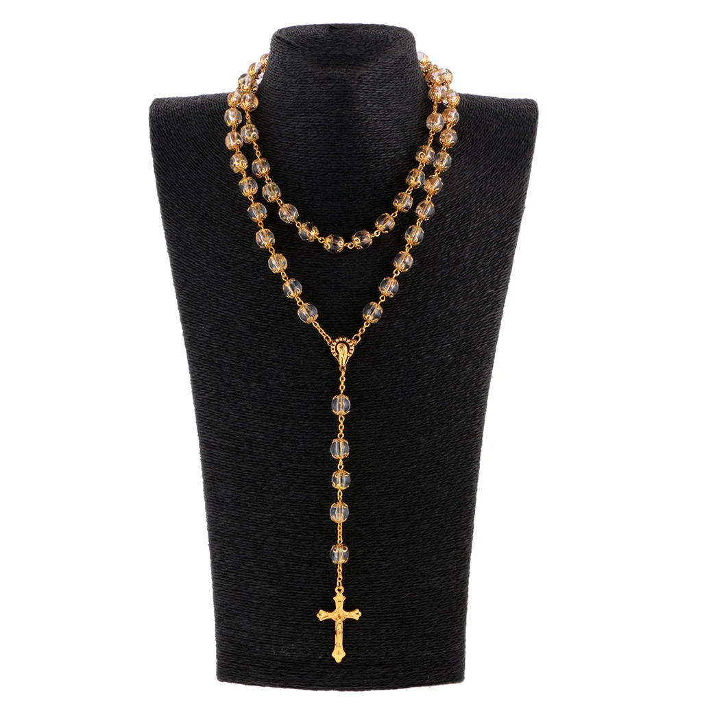 Unisex Long Rosary Chain 10mm Balls Beads Sweater Necklace Jesus Cross Pendant Party Jewelry