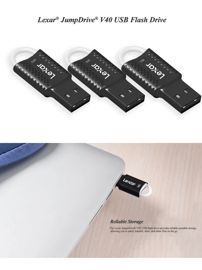 Lexar JumpDrive V40 USB флэш-накопитель 32 Гб 64 Гб черный накопитель USB 2,0 компактный дизайн Флешка с отверстием для ключей