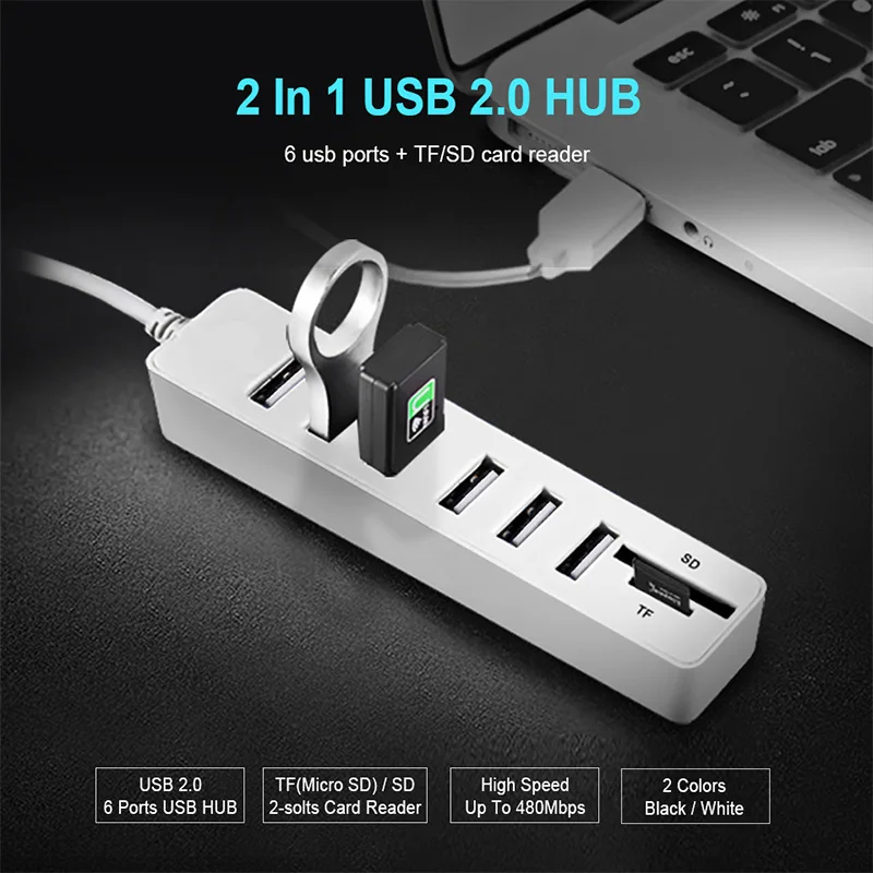 10/90CM USB 2.0 HUB TF SD Card Reader 3 Ports 6 Adapter Splitter 480 Gbps for Computer Laptop Desktop PC | Компьютеры и офис