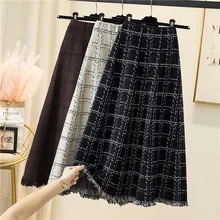 

Fashion Plaid Knitted Skirt Women2021 Autumn and Winter New Oversize A-line Fringe Woolen Long Elegant VintageMid-length Skirt