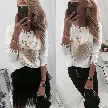 

Fashion Womens Ladies Printed Long Sleeve Round Neck Casual Top Shirt Pullover Sweatshirt Tops Blouse