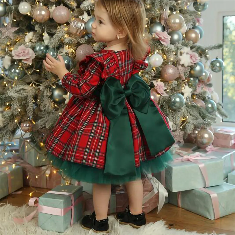 Baby Girl Christmas Plaid Dress Tulle Tutu Bow Princess Dresses 6m6y