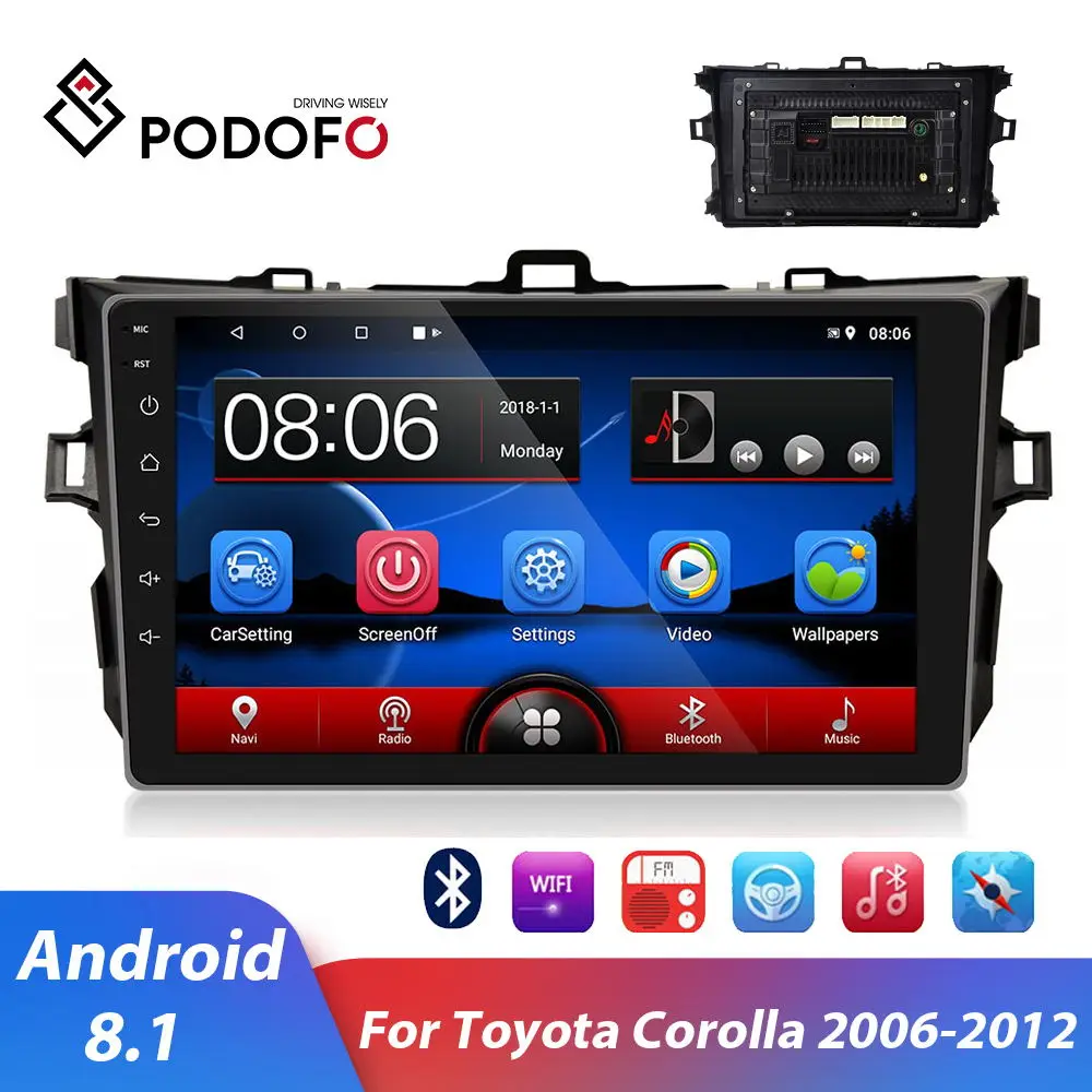 Автомагнитола Podofo 9 дюймов Android 8 12 Din для Toyota Corolla 2006 2007 2008 2009 2010 2011 2012 GPS навигация