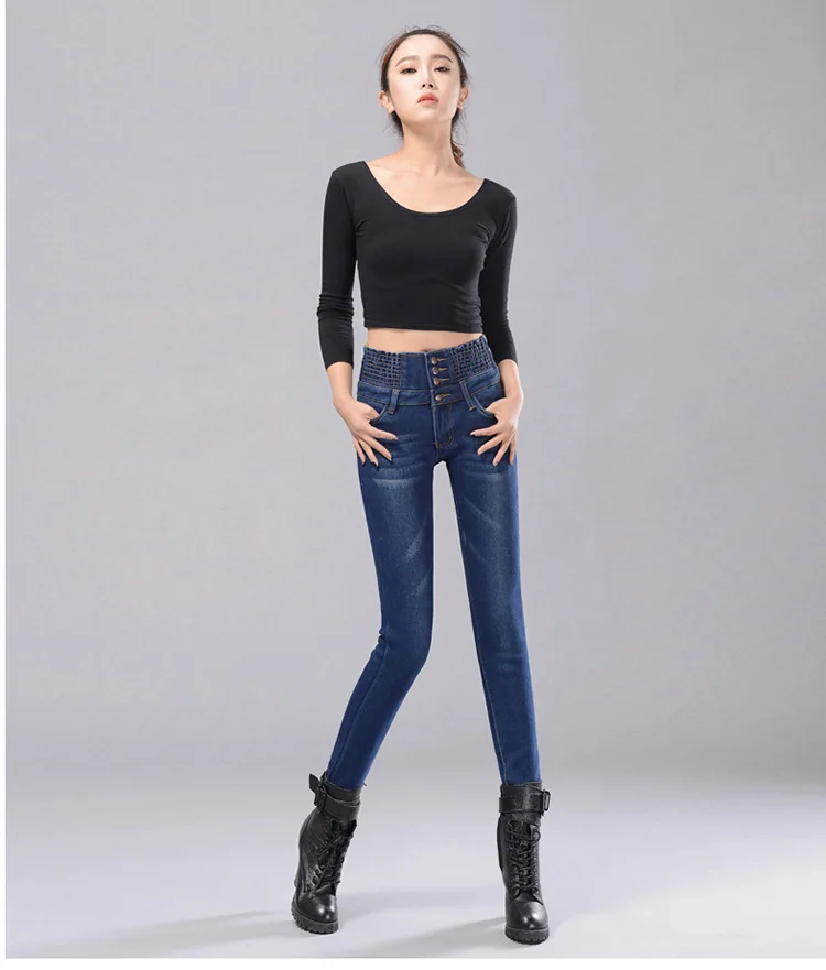 Женские зимние джинсы с высокой талией, обтягивающие брюки, флисовая подкладка, эластичная резинка на талии, джеггинсы, повседневные джинсы больших размеров для женщин, теплые джинсы