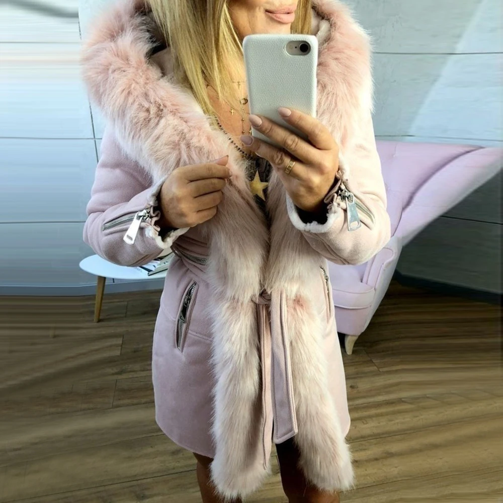 Осенние пальто и куртки женские зимние парки с искусственным мехом пальто с капюшоном и длинными рукавами хлопковая одежда женская куртка - Цвет: Pink