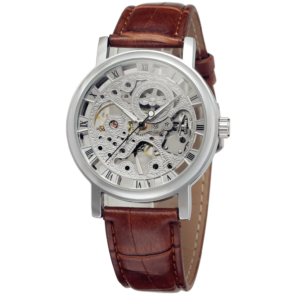 

WINNER Men Luxury Brand Roman Number Military Skeleton Leather Watch Automatic Mechanical Wristwatches Gift Box Relogio Releges