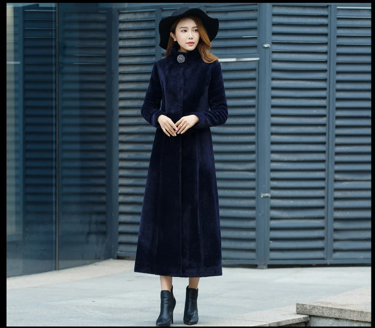 Navy blue Женская одежда, зимняя верхняя одежда, пальто, зима, новинка, тонкие, стрижка овец, пальто, длинные секции, 1022 - Цвет: Navy blue
