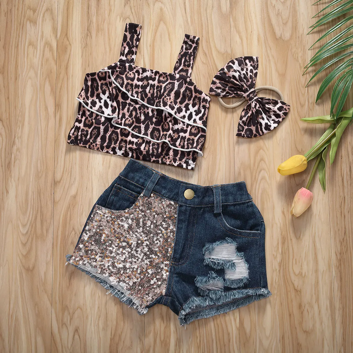 Baby Girl Clothing Set 0-3Y Denim Outfits for Toddler Baby Girls Sleeveless Leopard Crop Tops vest Hipster Jean Pants Shorts Summer Clothes Set kids clothes set,baby girl clothing set
