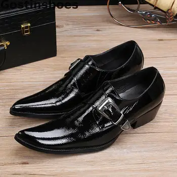 

Shining Black Genuine Leather Men Derby Shoes Hasp Pointed Toe Men Casual Shoes Leisure Business Shoes For Office Party Wedding