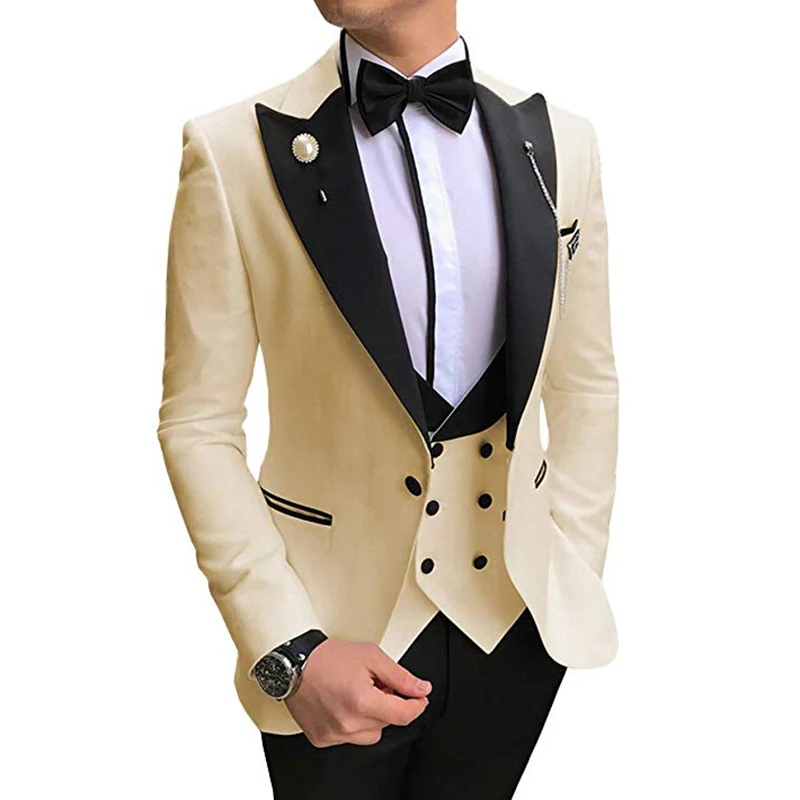Темный цвет Aesido Повседневное Для мужчин костюмы Slim Fit 3 предмета лацкан с тупым углом; Выходные туфли на выпускной смокинги для женихов Для мужчин для свадьбы(пиджак+ жилет+ брюки - Цвет: Champagne