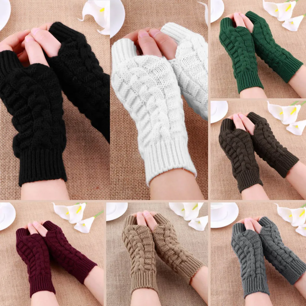 Осенне-зимние женские теплые вязаные перчатки без пальцев, Длинные эластичные варежки для мужчин и женщин, зимние теплые женские перчатки