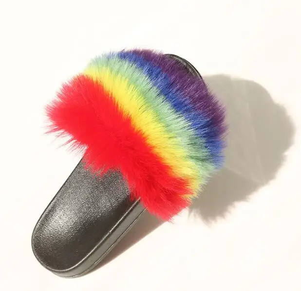 rainbow COVOYYAR; коллекция года; модные меховые женские тапочки; шлепанцы без задника с искусственным лисьим мехом; зимняя женская обувь на меху; женская обувь на плоской подошве; WSL137 - Цвет: rainbow