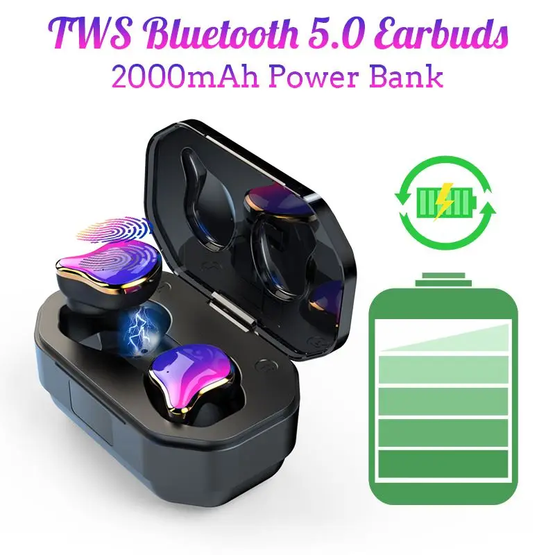 TWS, беспроводные bluetooth наушники V5.0, IPX6, водонепроницаемый светодиодный дисплей, 2000 мА/ч, зарядная коробка, отпечаток пальца, сенсорное управление, звук Hifi