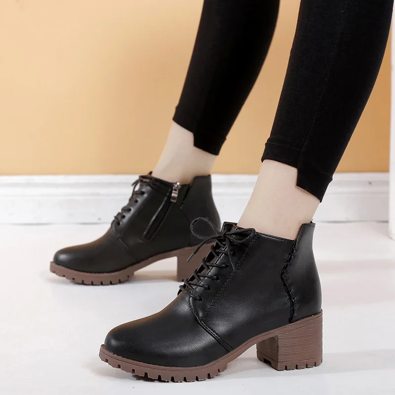 

Autumn And Winter Chunky-Heel Waterproof Platform Lace-up Retro Martin Boots Women's Anti-slip Comfortable Ankle Boots Semi-high