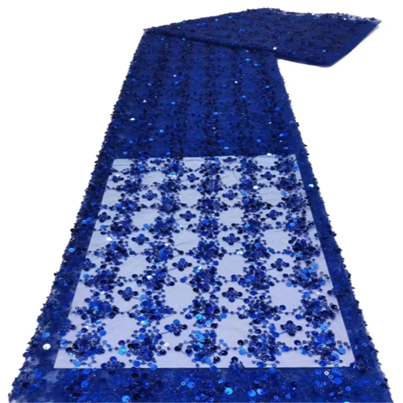 

Nigerian Royal Blue Net Lace Fabrics with Sequins High Quality French Tulle Lace Materials African Handmade Beads Lace Fabric