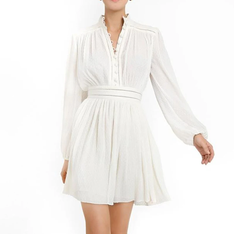 

HIGH STREET New Fashion 2019 Designer Runway Dress Women's Lantern Sleeve V-neck Elegant Solid Dress