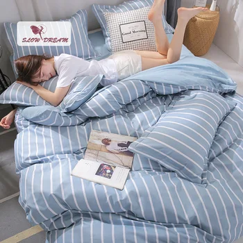 

SlowDream Geometry Striped Blue Bedding Set Double Quilt Cover Nordic Flat Sheet Pillowcase Bedclothes Home Decor Bedroom Gift
