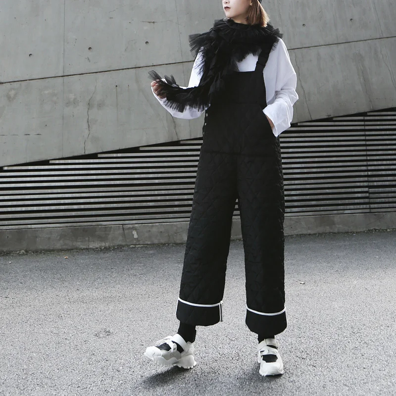 [EAM] Loose Fit Women Striped Cotton-padded Jumpsuit New High Waist Pocket Stitch Pants Fashion Spring Autumn 2020 19A-a328