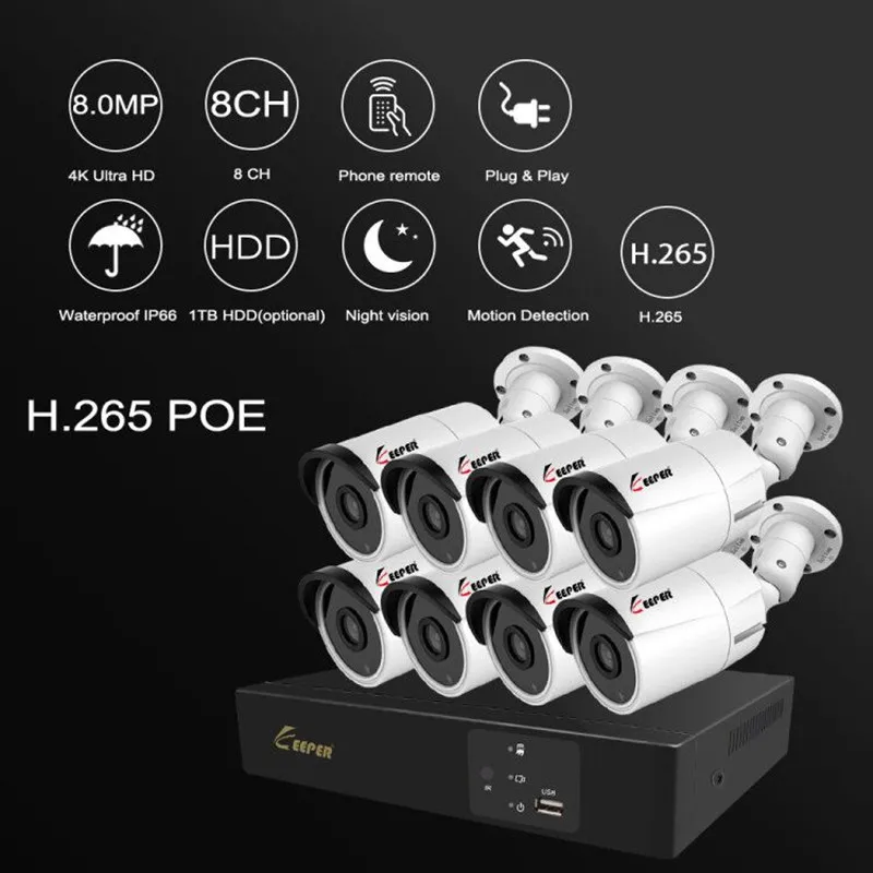 Keeper 8CH 4K Ultra HD POE Network Video Security System 8MP H.265+ NVR With 8pcs 8MP Weatherproof