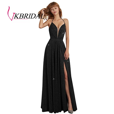 Черный VKBRIDAL сексуальное длинное платье для выпускного вечера с лямкой на шее, новинка, блестящая ткань, вечернее платье с лямками на спине - Цвет: Черный