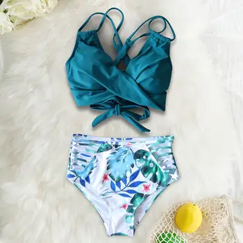 

Swimwear Women Green Leaves Two Piece High Waist Swimsuit 2020 Hollow Out Bikini Strappy Bathing Biquini Feminino Traje De Bano
