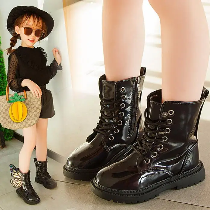 Зимняя детская обувь для девочек; водонепроницаемые ботинки martin из искусственной кожи с крылышками; детские зимние ботинки; брендовые высокие ботинки для девочек и мальчиков; модные кроссовки