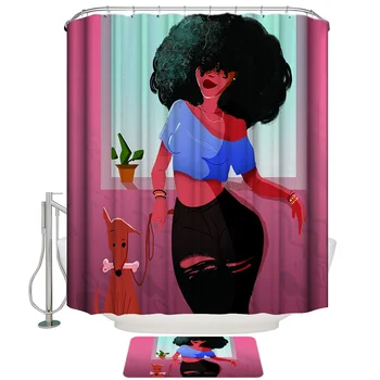 

African Woman Holding Puppy Shower Curtain with Hooks Doormat Bath Floor Mat Waterproof Polyester