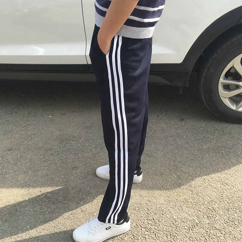 

Young STUDENT'S Early High School Three Bars Uniform Pants Spring And Summer Autumn Athletic Pants Straight-leg Pants Dark Blue