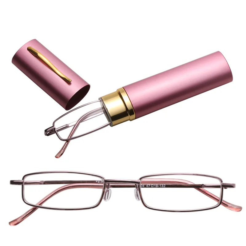 1,00~+ 4,00 очки для чтения с ручкой, чехол, портативные очки для дальнозоркости, металлический чехол, пружинные петли, очки унисекс, Уход За Зрением - Цвет оправы: B-pink