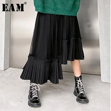 [EAM] черная плиссированная Асимметричная юбка средней длины с высокой эластичной талией, женская модная одежда, Новинка весна-осень, 1N804