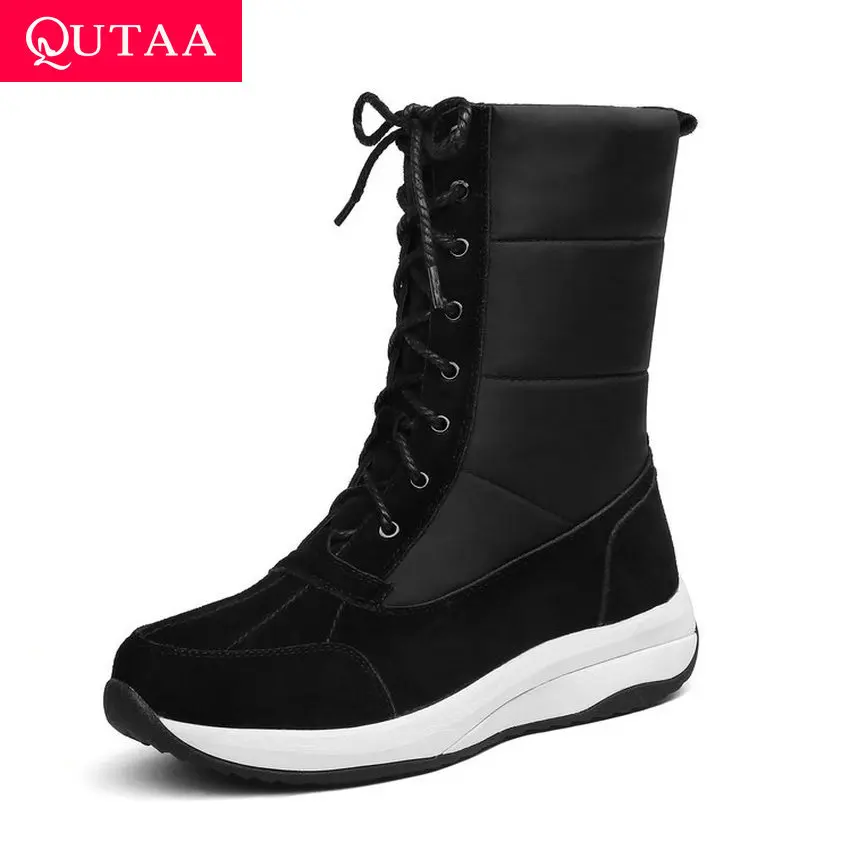 

QUTAA 2020 Winter Round Toe Wedge Heel Lace Up Leisure Snow Boots Platform Genuine Leathe Down Warm Fur Mid Calf Boots Size35-43