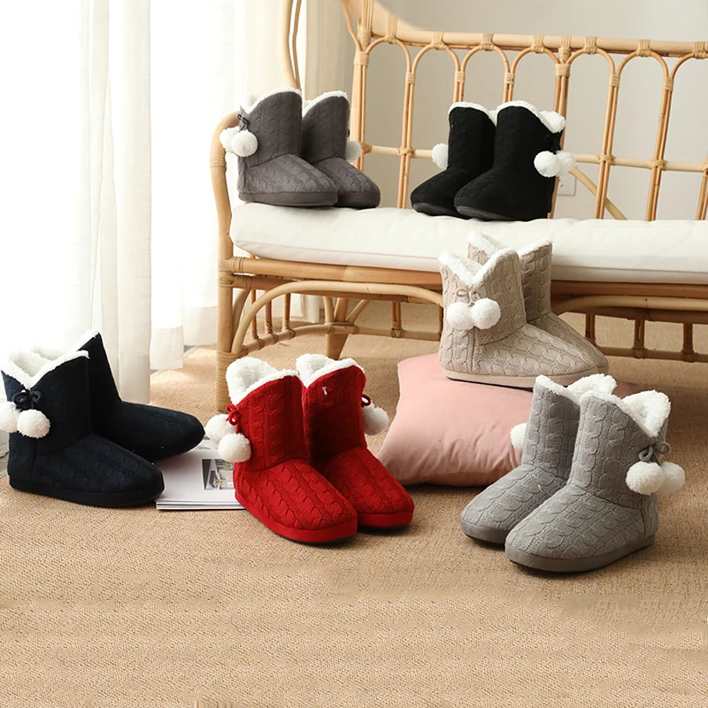 

Women's winter slippers plush ball Bow knot house slippers for women Flat with Indoor sneaker shoes Non-slip soft slippers woman