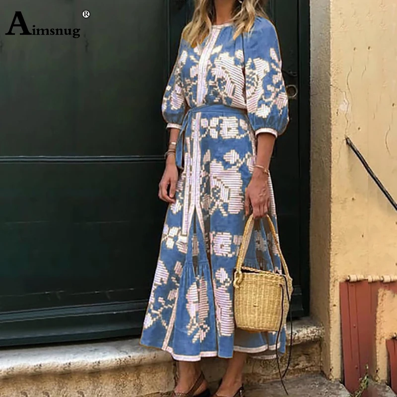 Большие размеры, S-3XL, Boho, женское платье с цифровым принтом, круглый вырез, половина рукава, шнуровка, осень, свободное женское платье с широкой юбкой