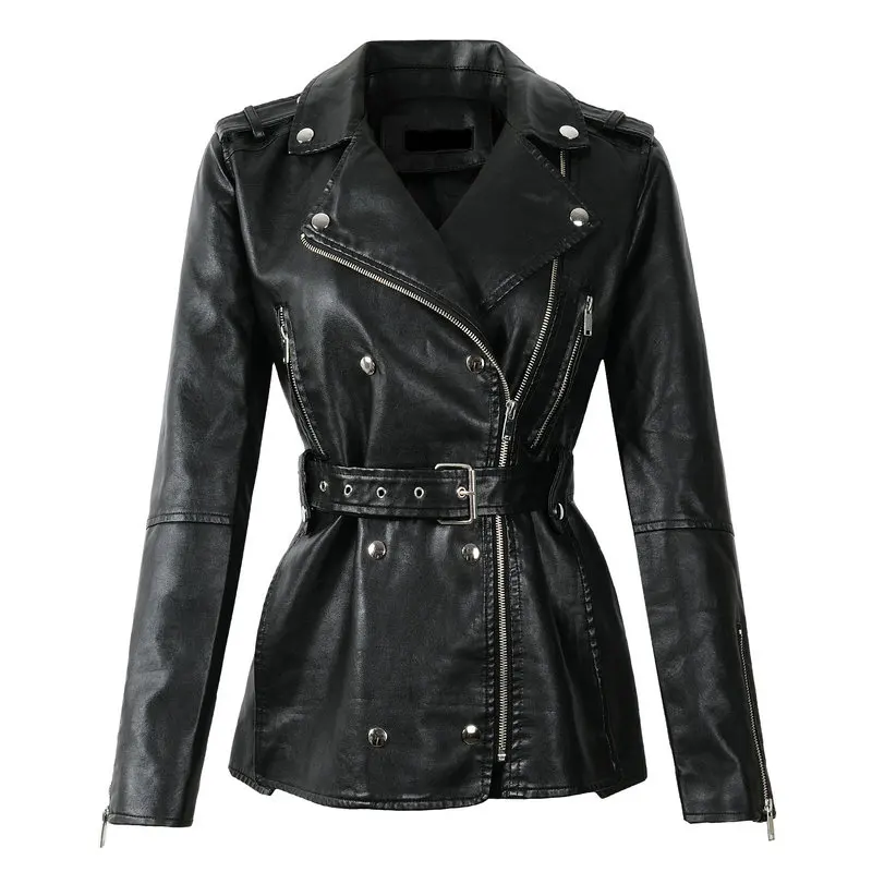 LL01 Black Модные осенне-зимние женские байкерские куртки больших размеров из искусственной кожи, женские байкерские куртки черного цвета на молнии с поясом - Цвет: LL01 Black
