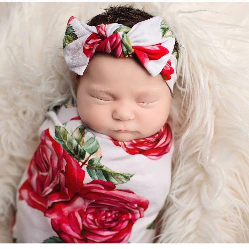 Focusnorm, новая мода, 0-18 м, пеленка для новорожденных, муслиновое одеяло, спальный комплект для младенца, пеленки с цветами, обертывание+ повязка на голову, комплект из 2 предметов